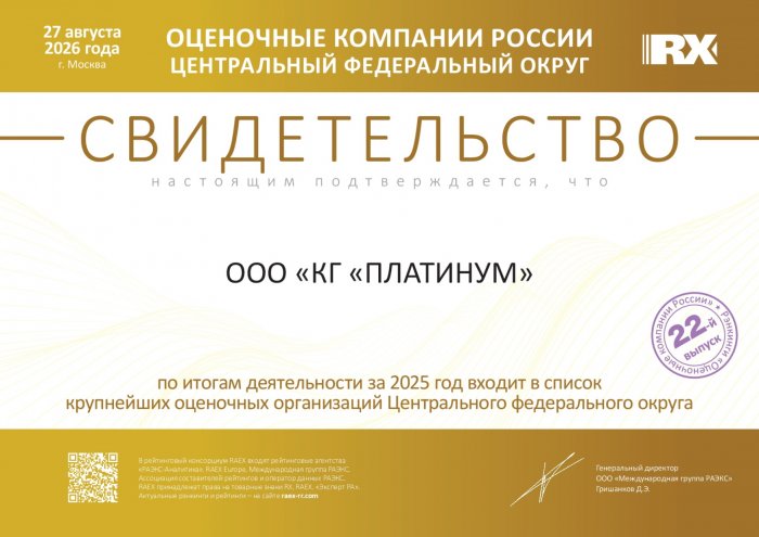 Крупнейшие оценочные организации ЦФО (ООО "Консалтинговая группа "Платинум") 2025